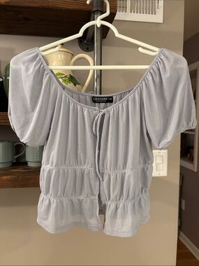 Liz & Sara Light Blue Puff Sleeve Tie Front Peplum Top Size Medium